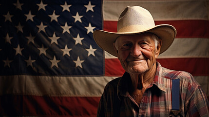 Elderly man in a cowboy hat against the background of the American flag. USA Independence Day, July 4th. Patiotic Holiday - obrazy, fototapety, plakaty