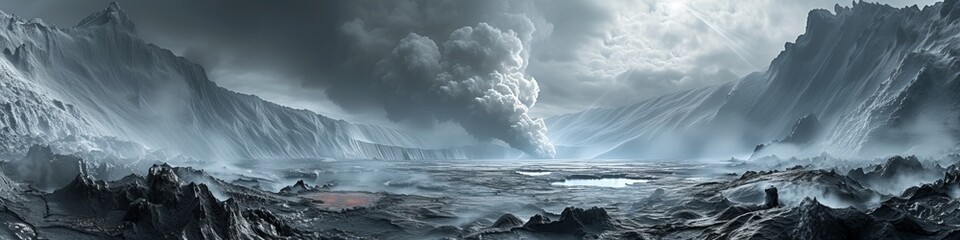 An ancient ocean on the lifeless Earth, vast and undisturbed, with thermal vents spewing minerals into the deep, dark waters, under a sky heavy with volcanic ash.