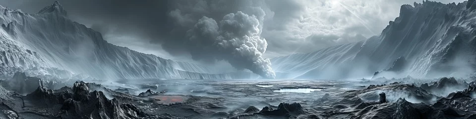 Poster An ancient ocean on the lifeless Earth, vast and undisturbed, with thermal vents spewing minerals into the deep, dark waters, under a sky heavy with volcanic ash. © Bilas AI