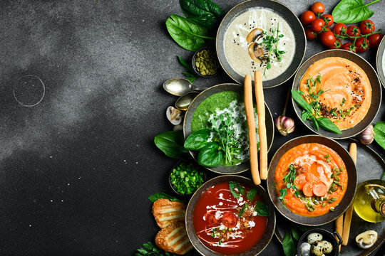Homemade vegetarian soups and ingredients for cooking. In a bowl. Healthy food concept. Advertising photo.