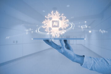 Navigating Tomorrow Harnessing AI Icons for Business and Technological Advancement, hand holding ai...