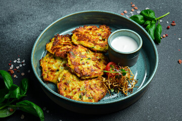 Fried potato pancakes with spinach and sour cream. Ukrainian cuisine. Close up. On a dark stone background.