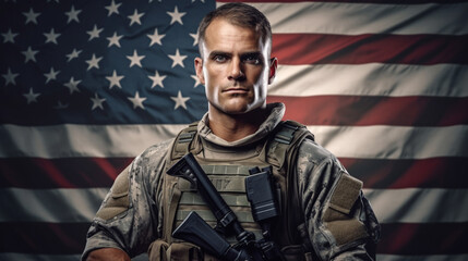 American US soldier against the background of the American flag. USA Independence Day, July 4th. Patriotic Holiday - obrazy, fototapety, plakaty