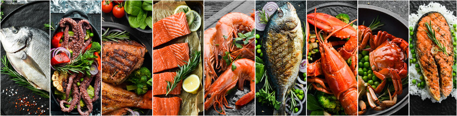 Collage. Fish and seafood. Seafood dishes. On a black stone background.