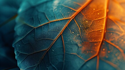 Soothing Leaf Textures: Macro view, leaf background with calming hot and cold tones. - obrazy, fototapety, plakaty