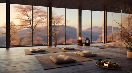 Elevated spoty meditation space with floor-to-ceiling glass walls, offering panoramic views of a tranquil landscape