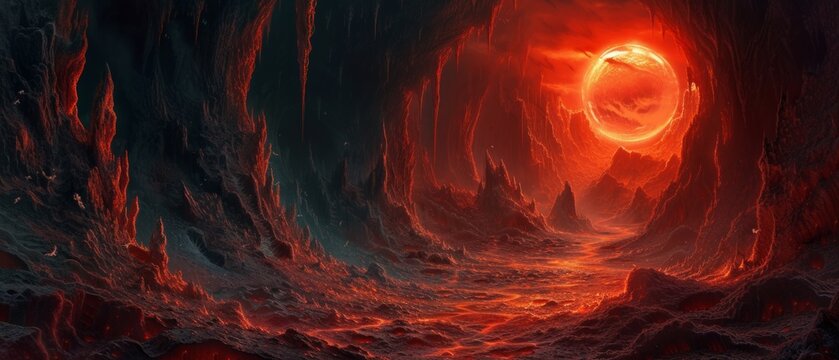 An eerie, underworld realm, characterized by endless caverns glowing with a sinister red light, and the sound of distant, tormented wails