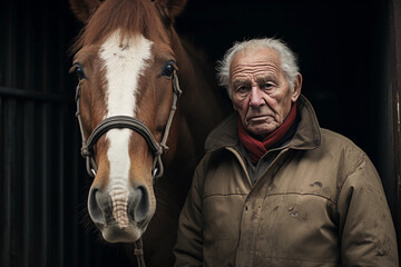 An elderly person standing next to his horse in a stable and posing for a click  - obrazy, fototapety, plakaty