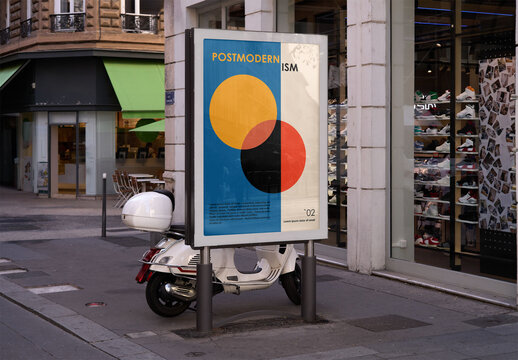 Mockup of customizable sign on sidewalk with moped