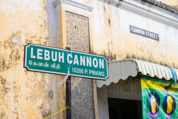 Cannnon Street street sign in George Town, Penang, Malaysia with surrounding building as background.