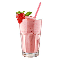 A glass of tasty strawberry milkshake with a straw on an isolated background