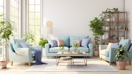 A cozy living space featuring a pastel blue loveseat, a woven area rug, and a collection of potted plants adding a refreshing touch against cream-colored walls.