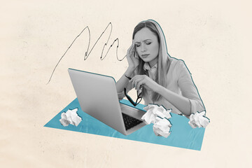 Horizontal magazine photo collage image of tired stressed lady work with laptop touch head closed...