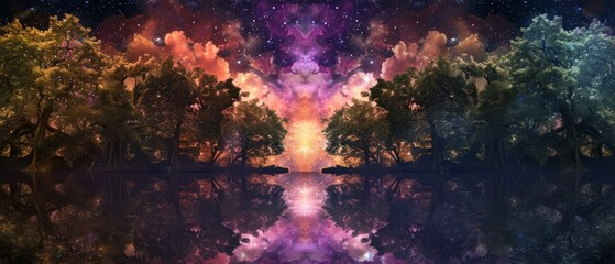 An ethereal forest where trees morph into delicate glass structures, reflecting a kaleidoscope of colors under a starry, purple sky.  - obrazy, fototapety, plakaty