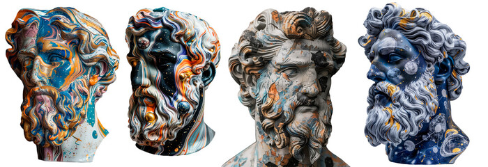Plaster head of a Greek god in a smear of paint with comic drawings of planets and constellations. on a transparent PNG background. AI generated