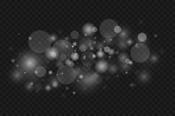 Bokeh and lights sparkle. Glare of dust and sparks. White light flashes. On a transparent background.