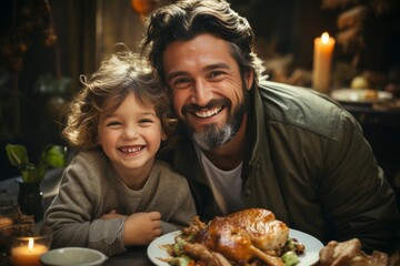 Cheerful daughter embracing her bearded father beside a delicious breakfast in the morning kitchen - obrazy, fototapety, plakaty