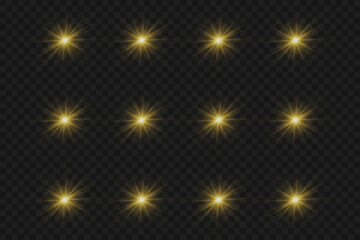 Sparkling stars, twinkling and flashing lights. Collection of various light effects on a transparent background.