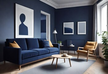Dark blue sofa and recliner chair in scandinavian apartment. Interior design of modern living room. Created with generative AI