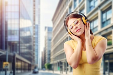 Dancing girl in city. listening music with headphones