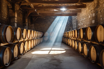 Paisaje Espectacular de una bodega con barriles de vino antiguas , rayos de sol iluminando los barriles de vino por la ventana