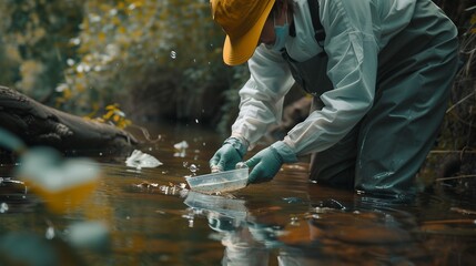 A scientist releasing fish into a rehabilitated river ecosystem to restore biodiversity - obrazy, fototapety, plakaty