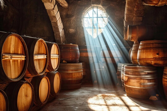 Paisaje Espectacular de una bodega con barriles de vino antiguas , rayos de sol iluminando los barriles de vino por la ventana