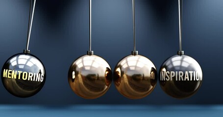 Mentoring leads to inspiration. A Newton cradle metaphor in which mentoring gives power to set inspiration in motion. Cause and effect relation between mentoring and inspiration. Can be looped