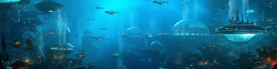 Earth's alternate reality where vast underwater metropolises thrive, with glowing structures and...