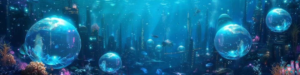 Earth's alternate reality where vast underwater metropolises thrive, with glowing structures and bio-engineered coral environments, a testament to humanity's ingenuity in oceanic living - obrazy, fototapety, plakaty