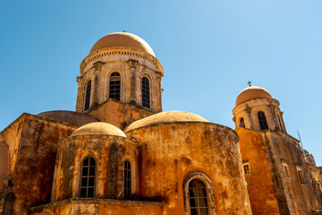 View of Greek Orthodox monastery Agia Triada in the Akrotiri peninsula in the Chania, Crete. Greece.