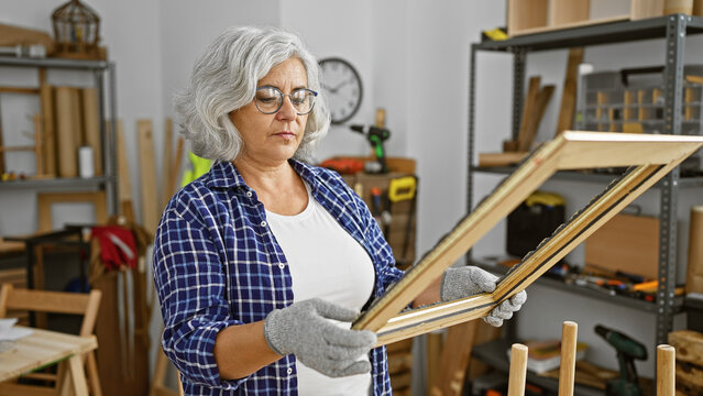 A mature woman examines a wooden frame in a well-equipped carpentry workshop