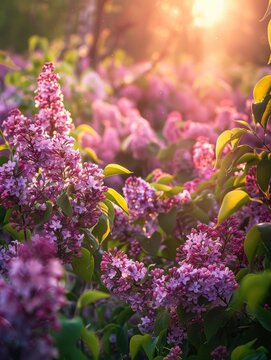 Sunlit scene overlooking the lilac plantation with many lilac blooms, bright rich color, professional nature photo