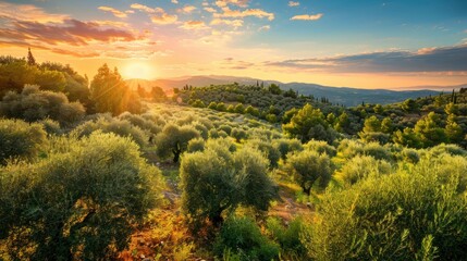 Sunlit scene overlooking the olive plantation with many olives, bright rich color, professional nature photo