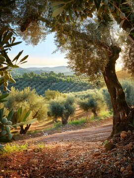 Sunlit scene overlooking the olive plantation with many olives, bright rich color, professional nature photo 