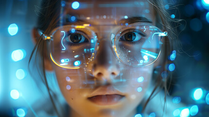  teenage girl wearing smart eyeglasses watching or studying through image projected from eyeglasses, modern learning concept in futuristic digital age.