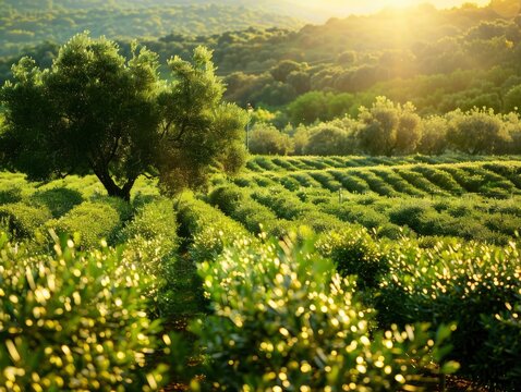Sunlit scene overlooking the olive plantation with many olives, bright rich color, professional nature photo