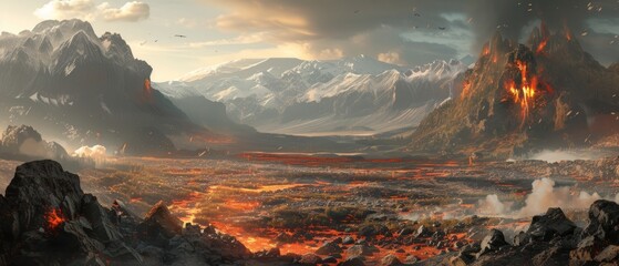 In the aftermath of a mythical  battle, the landscape lies quiet, with smoldering remnants of a...