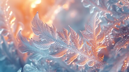 Softness and calming symphony of frozen elegance as ice crystals delicately form on a leaf.