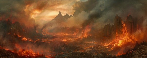 In the aftermath of a mythical dragon battle, the landscape lies quiet, with smoldering remnants of a fiery clas - obrazy, fototapety, plakaty