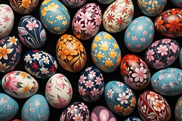 Fototapeta na wymiar Collection of Precisely arranged Eggs with Floral Patterns. Multicolored Easter Background