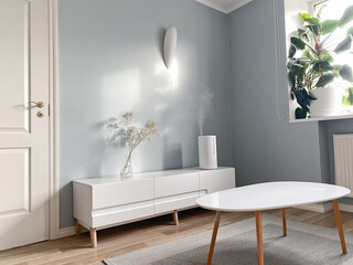 Modern air humidifier on tv stand in living room infront of blue wall - 739932087