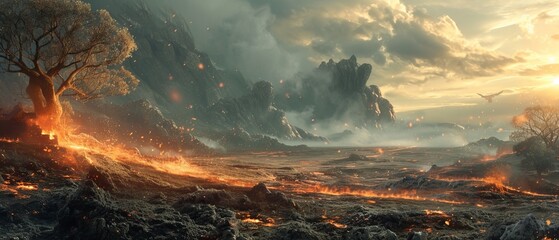 In the aftermath of a mythical  battle, the landscape lies quiet, with smoldering remnants of a fiery clas - obrazy, fototapety, plakaty