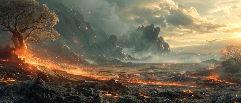 In the aftermath of a mythical  battle, the landscape lies quiet, with smoldering remnants of a fiery clas