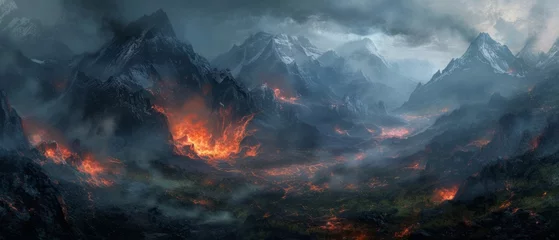 Fotobehang In the aftermath of a mythical dragon battle, the landscape lies quiet, with smoldering remnants of a fiery clas © Bilas AI