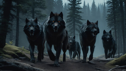  four black wolves walking in a forest together,