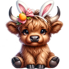 Highland Cow With Bunny Ears Happy Easter Illustration 