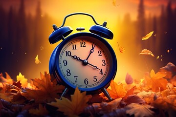 Alarm retro clock with autumn dry leaf on desk Generative AI