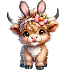 Highland Cow With Bunny Ears  Happy Easter Illustration 
