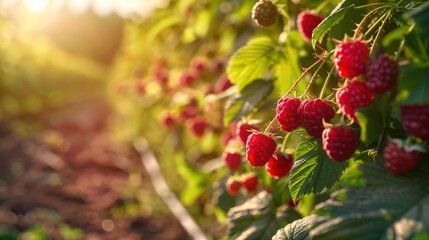 Obraz premium Sunlit scene overlooking the raspberry plantation with many raspberries, bright rich color, professional nature photo